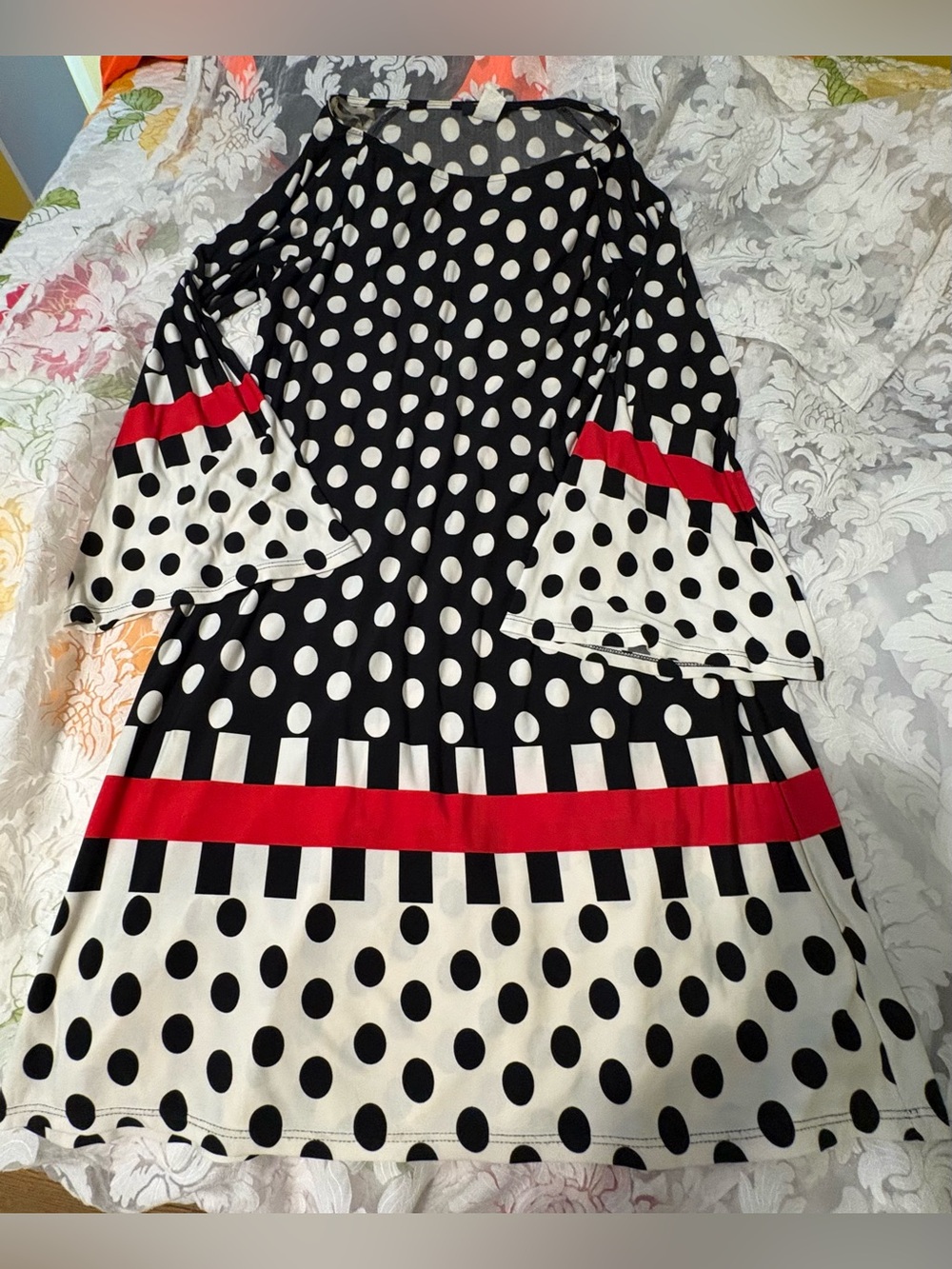 MSK Black & White Polka Dot Dress with Red Trim